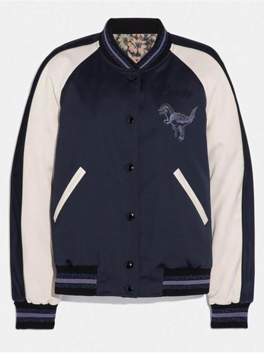 Coach Betty Cooper Dinosaur Blue Satin Reversible Varsity Bomber Jacket